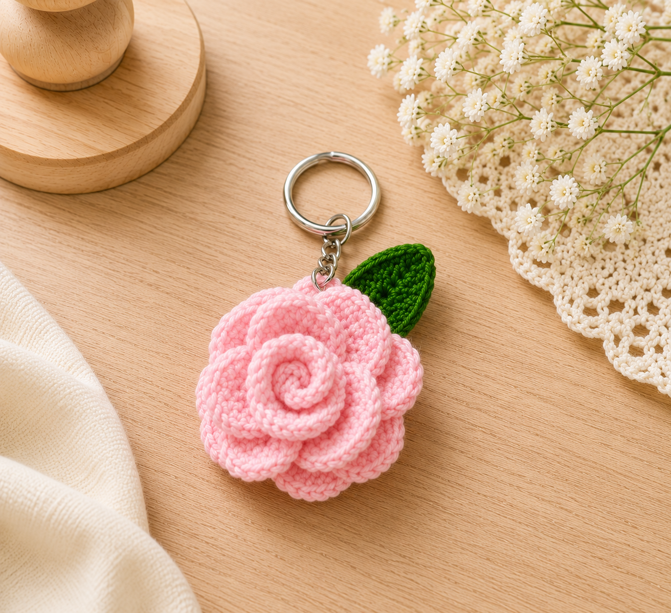 🌹 Handmade Crochet Rose Keychain