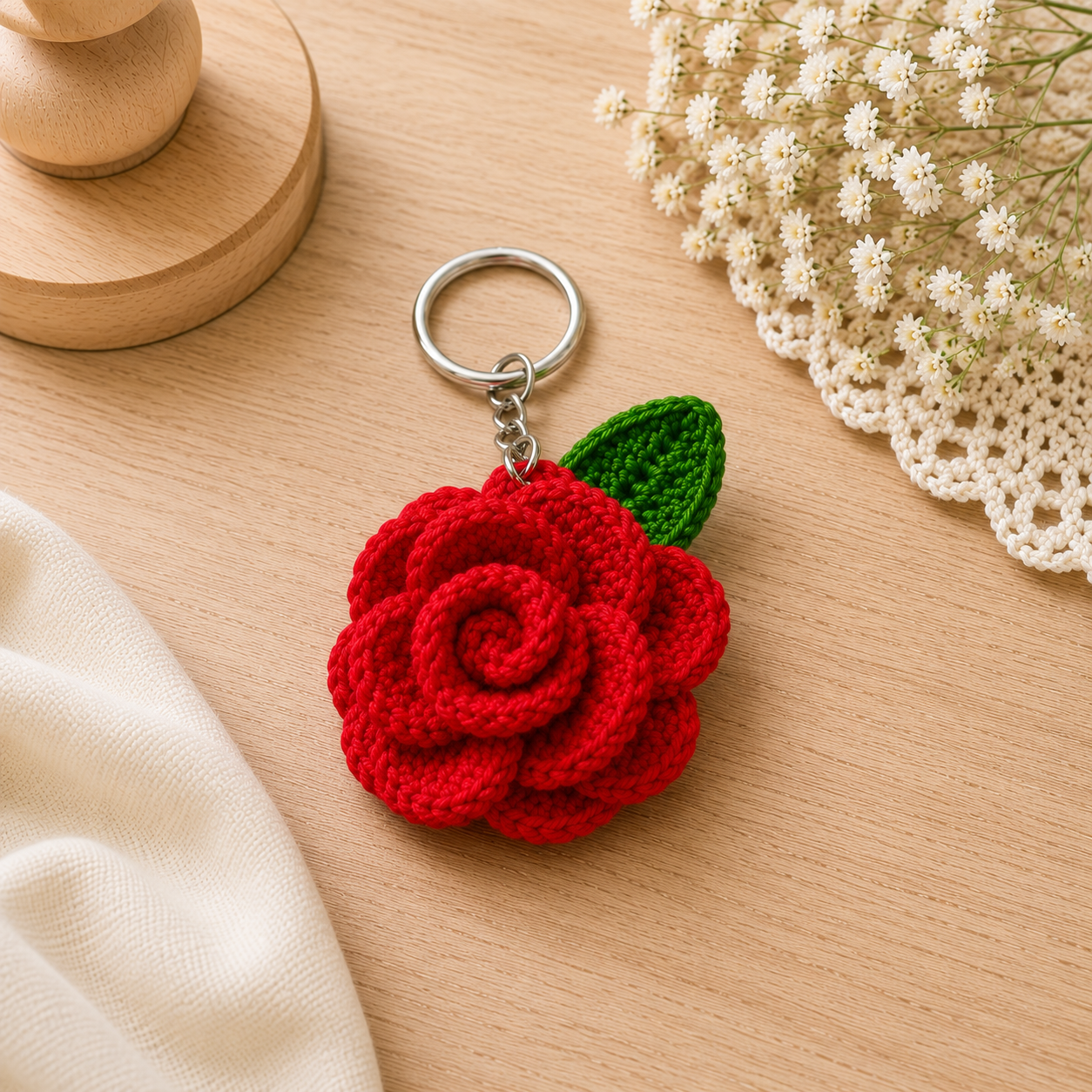 🌹 Handmade Crochet Rose Keychain